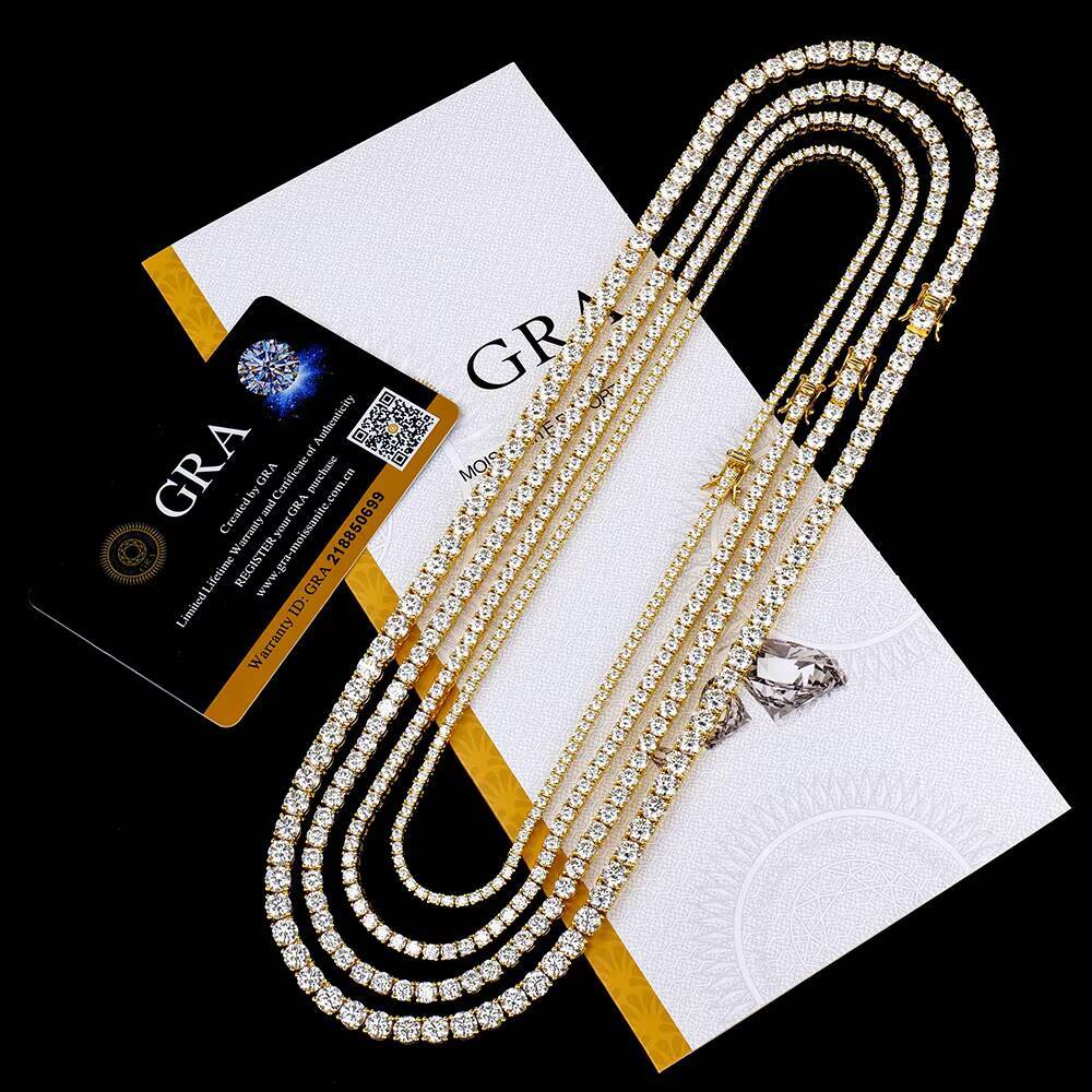 Gold Plated 925 Silver Necklace 2mm 6mm Moissanite Classic 4claws Tennis Link Chain Hip Hop Fashion Jewelry