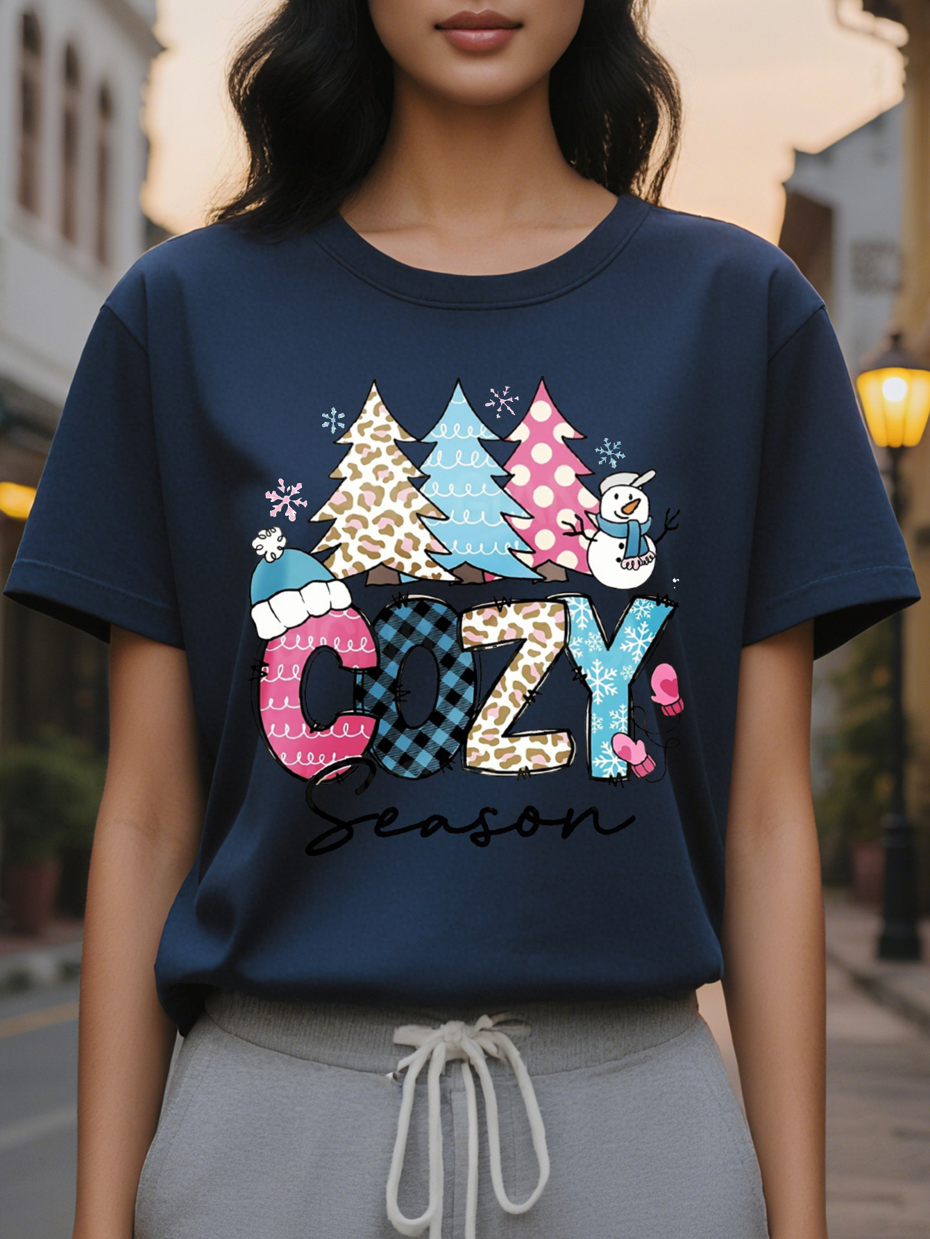 Large XL Women's Christmas Graphic Print Sweatshirt Cozy Season Design with Snowman Leopard Plaid Patterns Beige Casual Plus Size