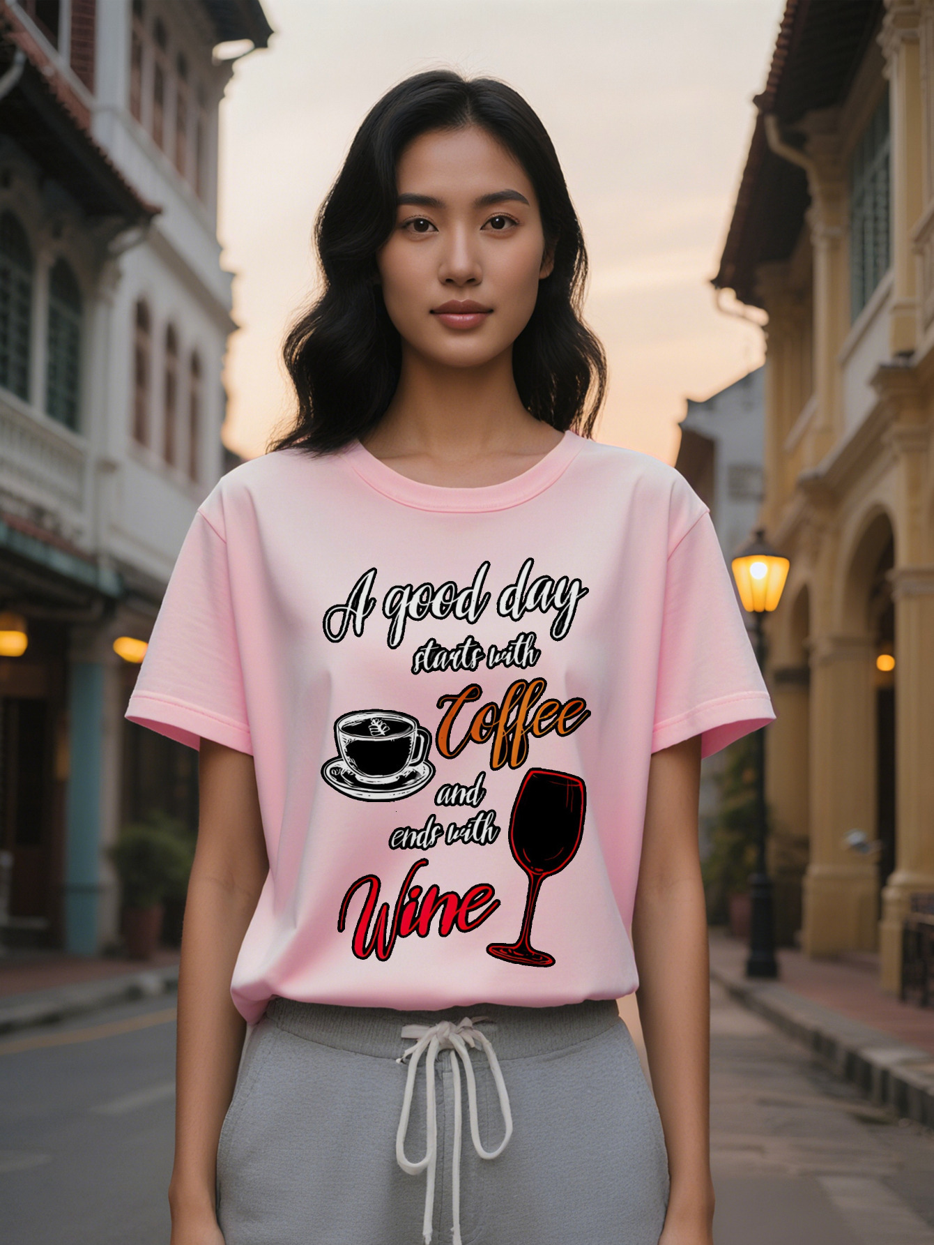 Large XL Lady Crew Neck T-Shirt A Good Day Starts with and Wine Print Slight Stretch Fabric Regular Fit Tee Perfect Gift for Plus Size