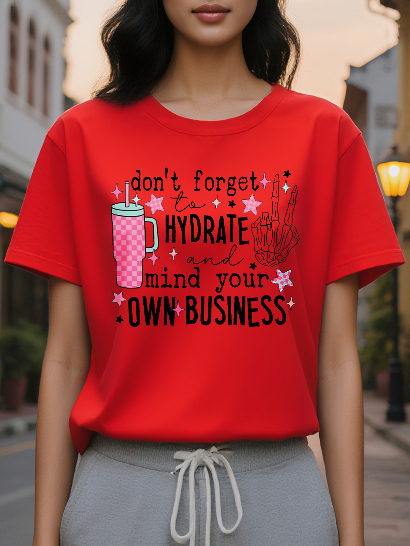 Ladies Don't Forget to Replenish Water Take Care of Yourself Pattern T Shirt White Short Sleeved Round Neck Jacket