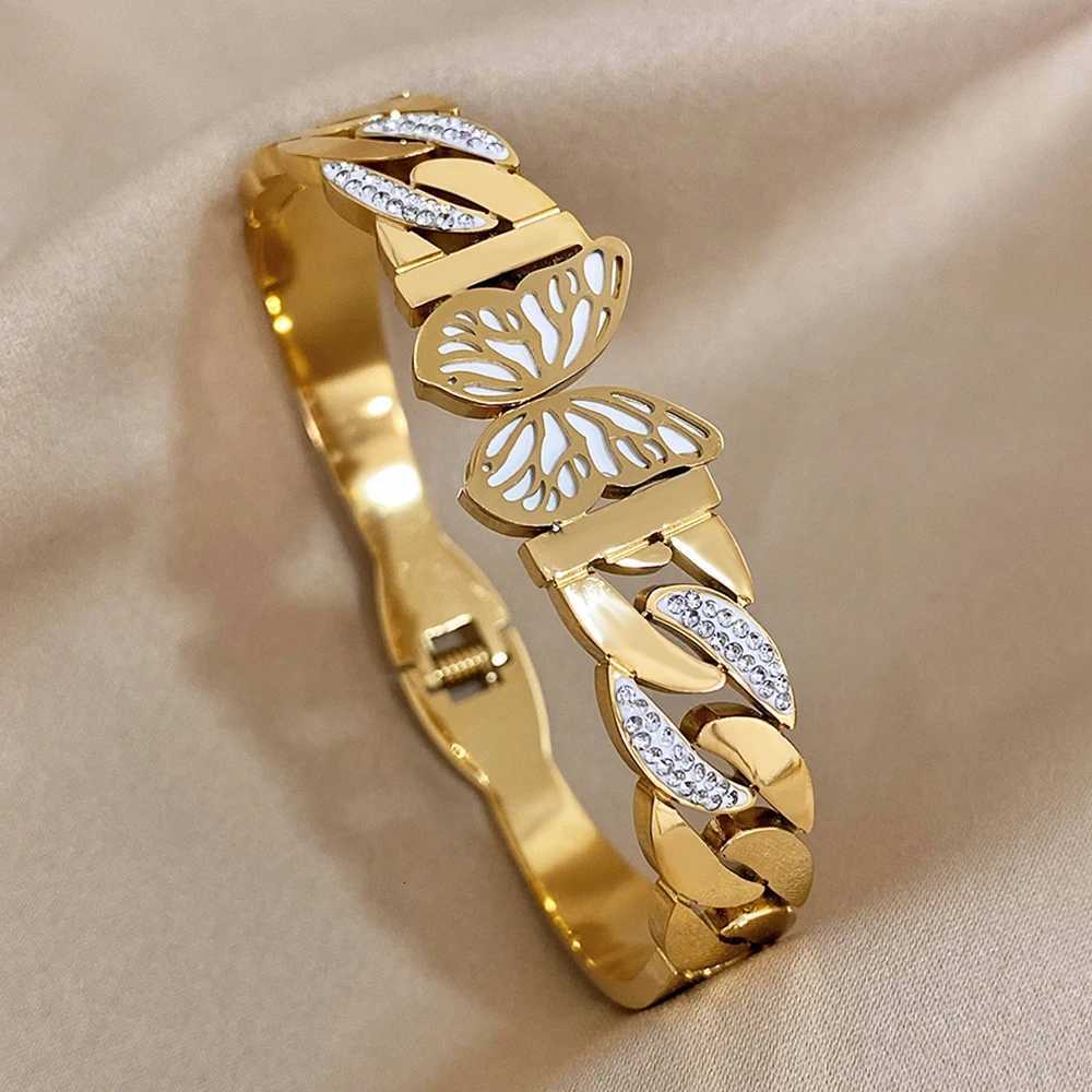 Charm Stainless Steel Bangle Bracelet For Women Luxury Rhinestone Wide Golden Chain Bracelets Wedding Party Jewelry Y250904