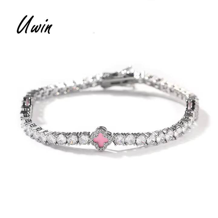UWIN Popular Mini Size 4 Leaf Pink Clover Tennis Chain Bracelet Luxury Women Men Bling Iced Out Bracelets Jewelry