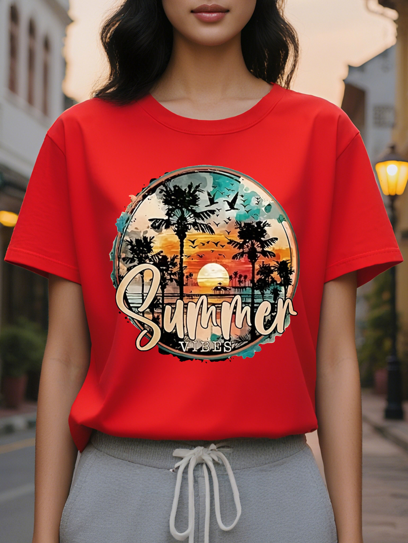 Women s Casual Sleeveless Round Neck Top with Tropical Summer Letter Print Peach Black Striped Design