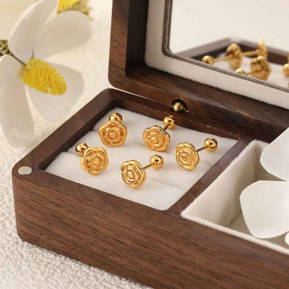 Korean Style Ins Niche Design Rose Flower Gold-Plated Titanium Steel Bone Studs Women's Fashion Personality Versatile Ear Jewelry