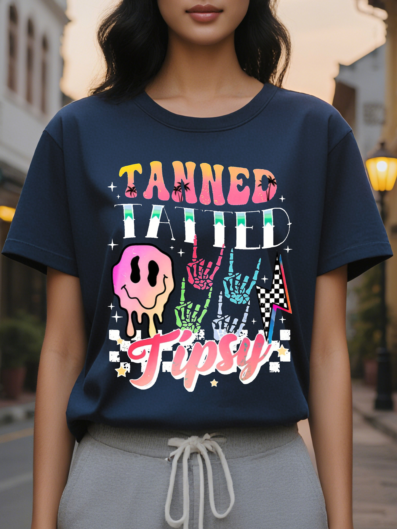Women s Casual Short Sleeve T Shirt Double Sided Tanne Tattoo Tipsy Graphic Print Black with Colorful Lettering