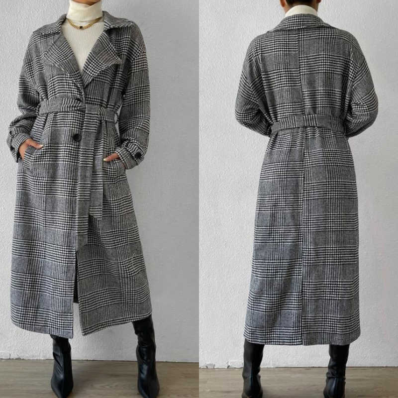 Warm Long Coat Single Breasted With Belt Autumn Winter Thick Overcoat Stripe Office Ladies Work Customized Women Coat