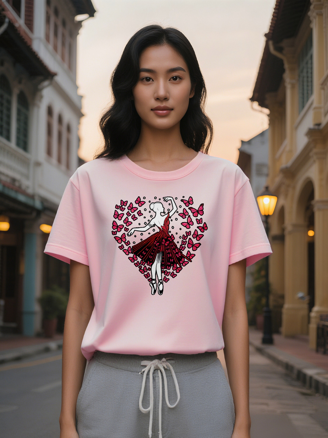 Large XL Women's Casual Crew Neck T-Shirt with Ballet Dancer Red Heart Floral Print Black Summer Graphic Tee Breathable Regular Plus Size