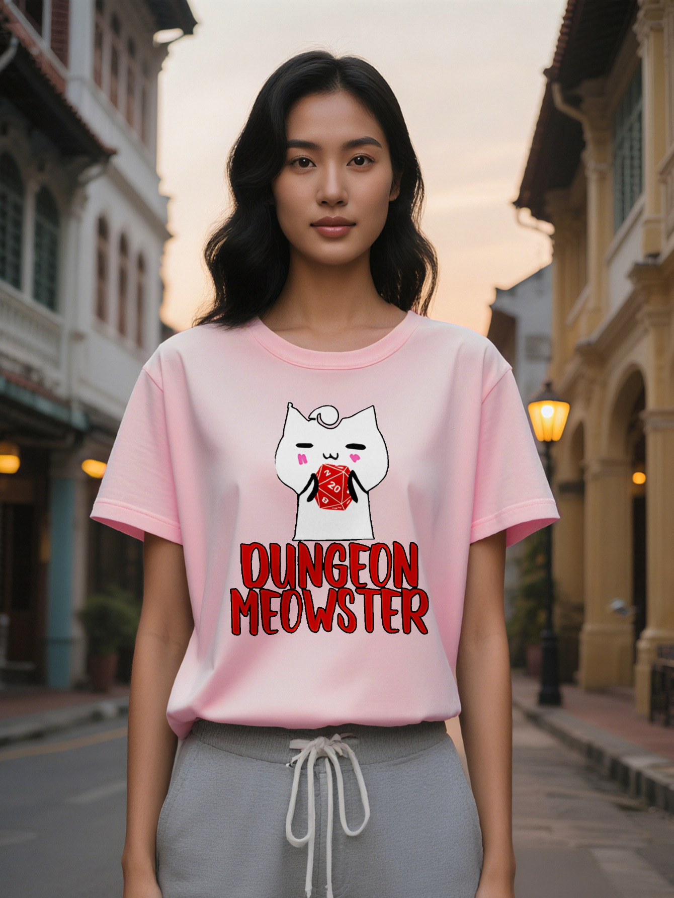 Large XL Lady Casual Graphic T-Shirt Black Round Neck Tee with White Cartoon Red Dice Print D Inspired Dungeon Meowster Plus Size