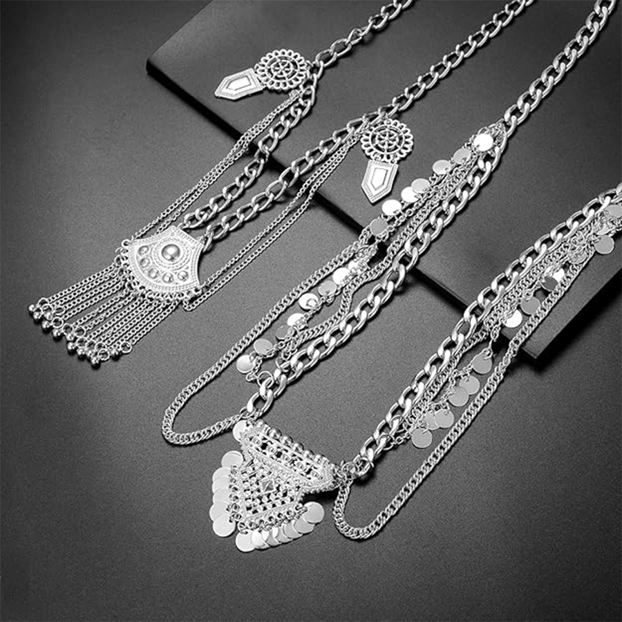 2 PCS Waist Belt Chain Vintage Dangle Dancing Tassel Body Chain Bikini Beach Body Jewelry for Women Silver Tone