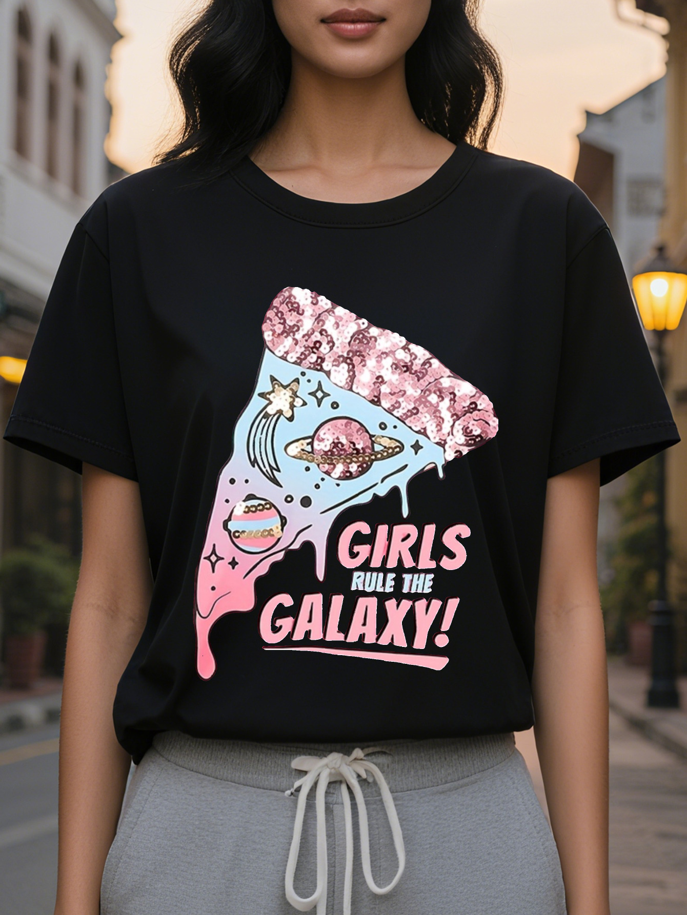 Girls Women s Casual Short sleeved T shirt Galaxy Pizza with Stars Black Pink Letter Print Translucent Round Neck