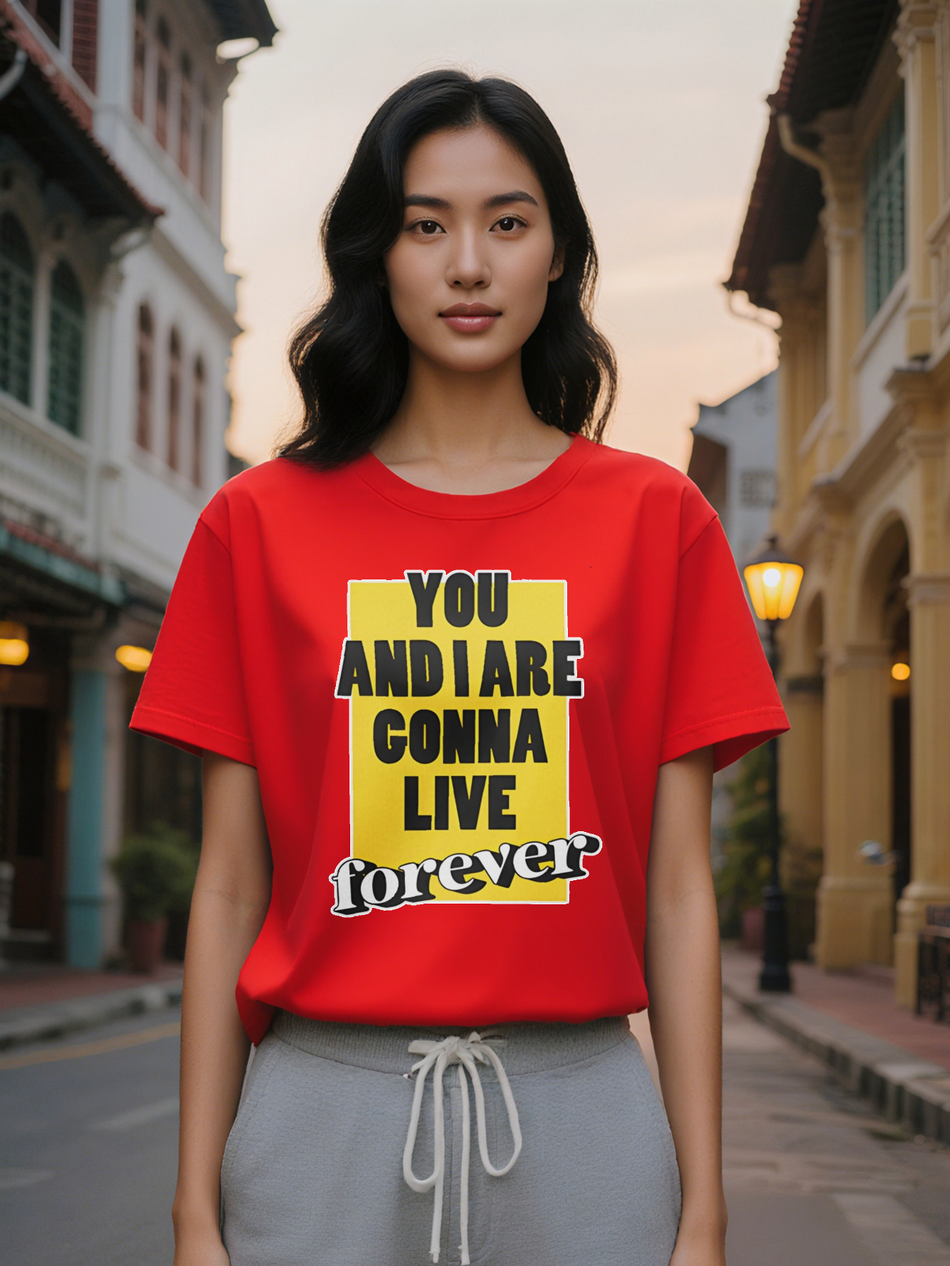 Lady Casual Crew Neck T-Shirt with You and I Are Gonna Live Forever Graphic Yellow Black Print Perfect for Summer