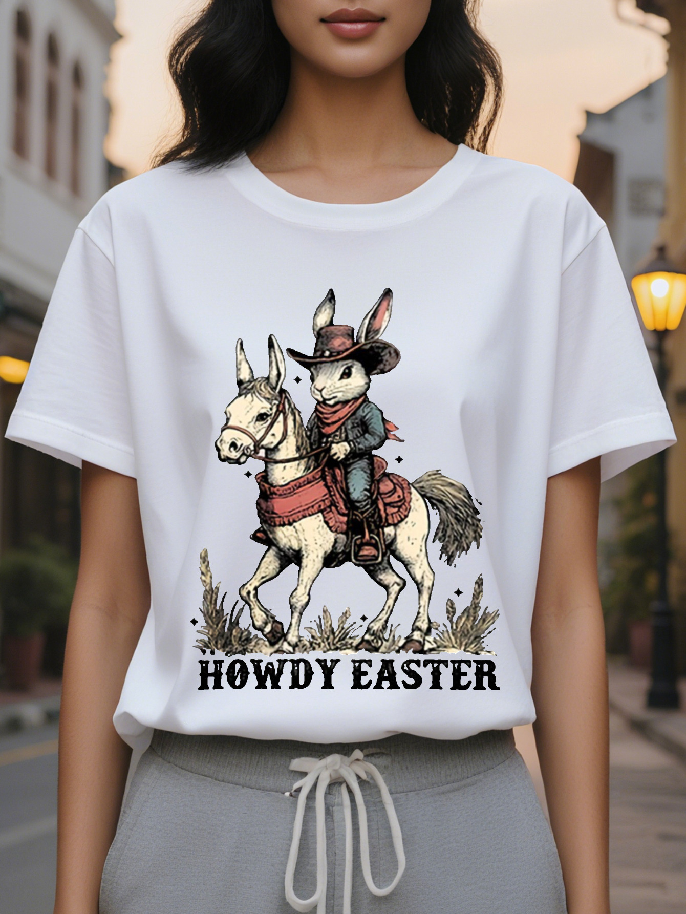 Howdy Easter Pattern Printed Women's Short Sleeve T-Shirt Light Gray Round Neck with Denim Rabbit Design Comfortable