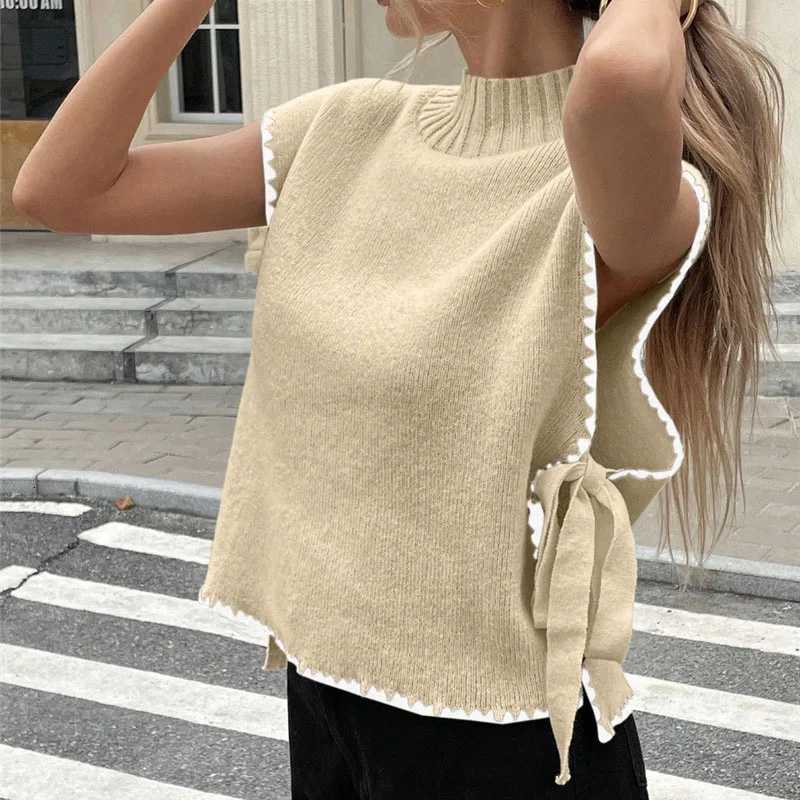 Autumn Fashion Side Laceup Bowknot Sweaters Women Elegant Round Neck Knitwear Tops Pullover Winter Loose Hollow Jumper Harajuku M250904