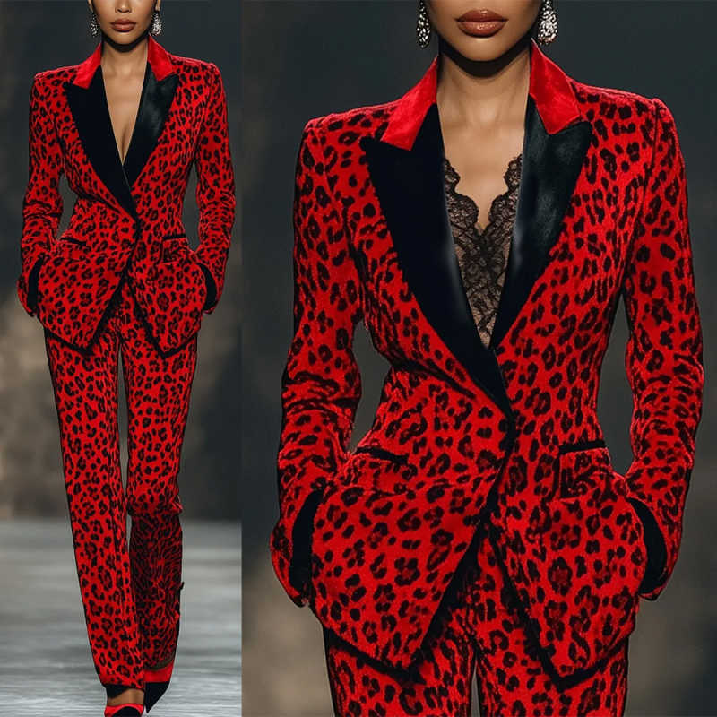 Customized 2 Pieces Women Pants Suits Red Leopard Print Ladies Prom Birthday Party Formal Wear Outfits