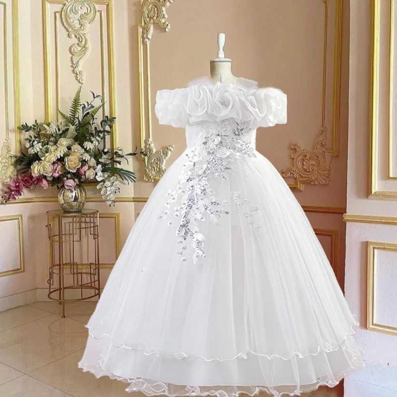 Floral Mesh Dress for Kids Girls White Formal Gown for Valentines Day ParTY Wedding Prom Ball Performance Elegant Fancy Z250904