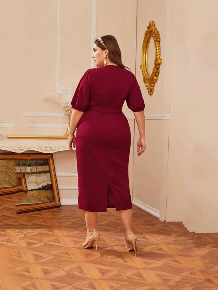 H831New cross-border solid color short-sleeved V-neck European and American loose lace-up large size women's clothing