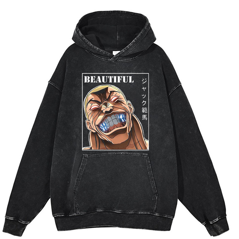 440g Heavyweight Washed Vintage Jack Hanma Anime Street Retro Cotton Hoodie - TT8342