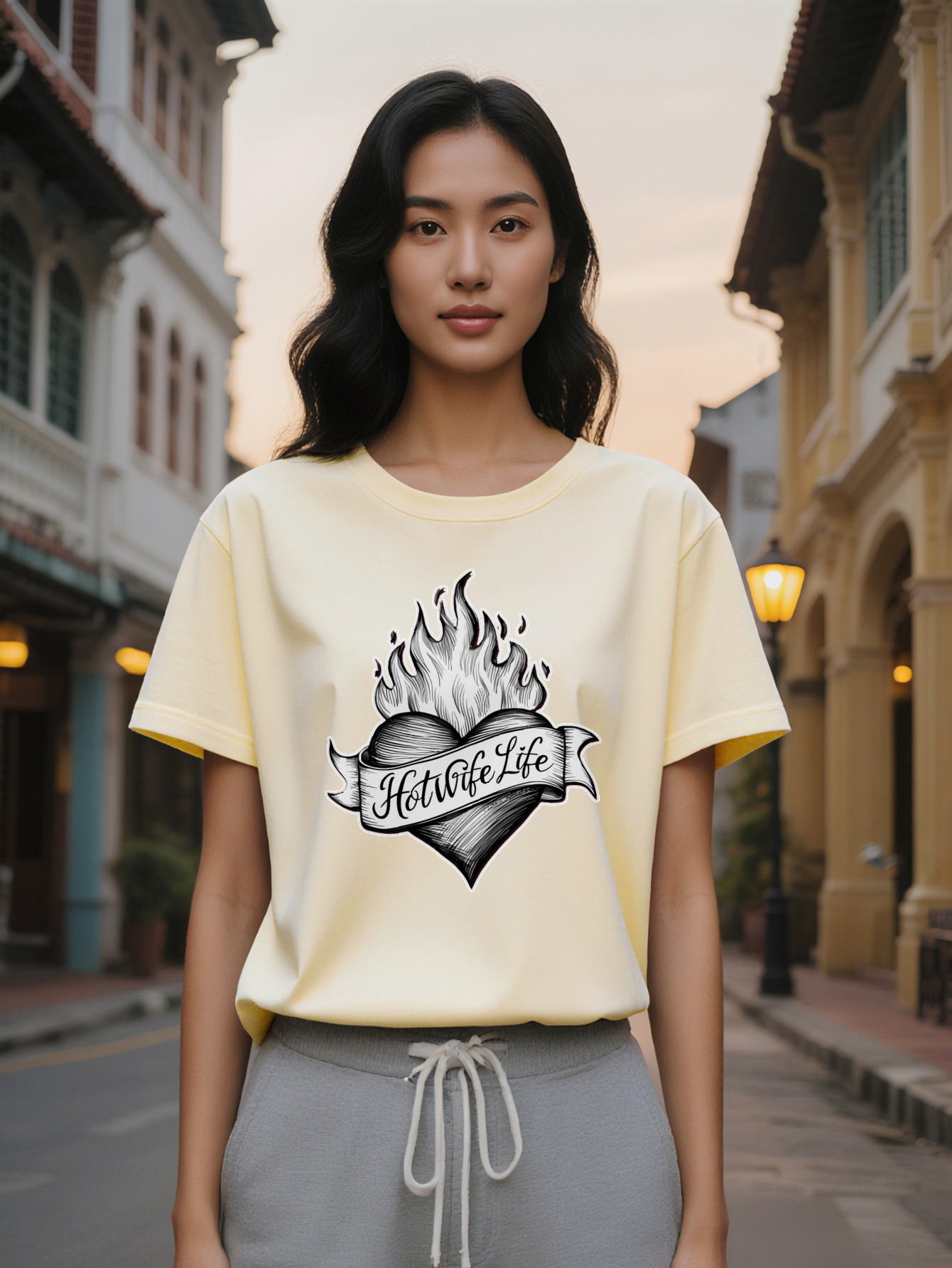 Large XL Women's T-Shirt with Heart Flame Print Hotwife Text Black Round Neck Summer Tee Washable Regular Fit Top for Plus Size