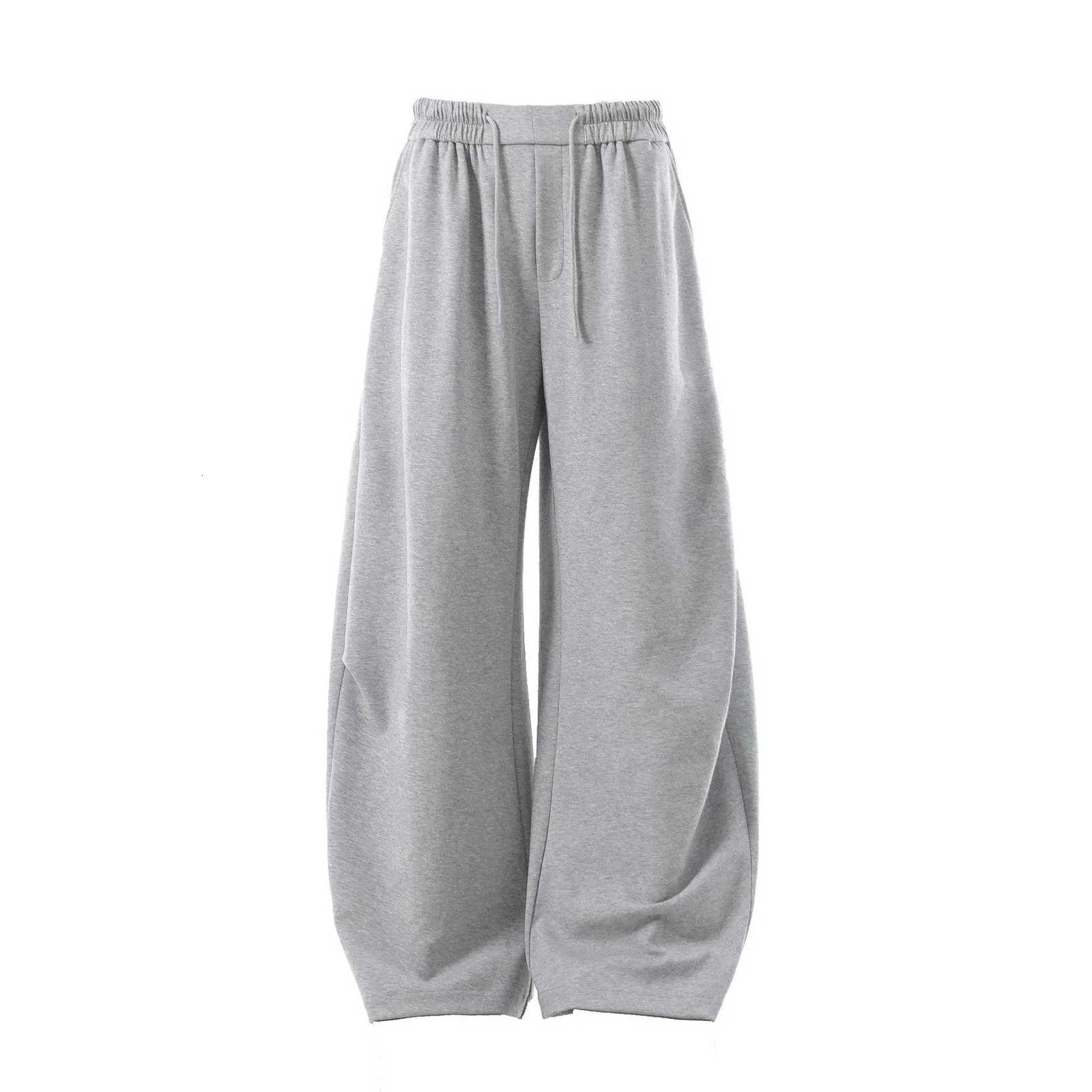 Mens Gray Baggy Sweatpants Wide Leg Long Drawstring Casual Joggers Oversized Urban Curved Blade Type Design Lantern Pants WomenXJ250904
