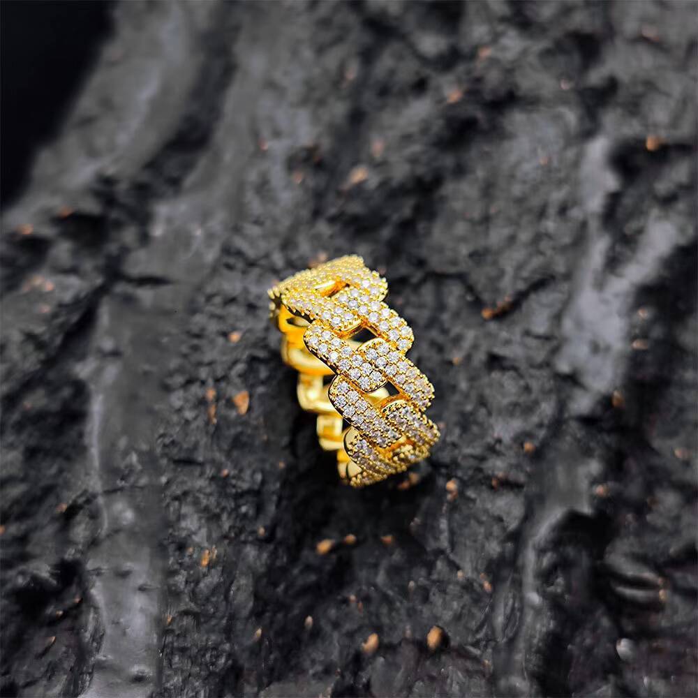 Cuban GoldPlated Iced Fashion Ring Square Crystal Moissanite Diamond Casual Style Wedding Party Rhodium Plating Number Pattern