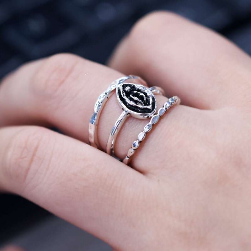 Ring Set New Black Flower Eye Women's Rights Independence Declaration Ring Three-Piece Set Vintage Style