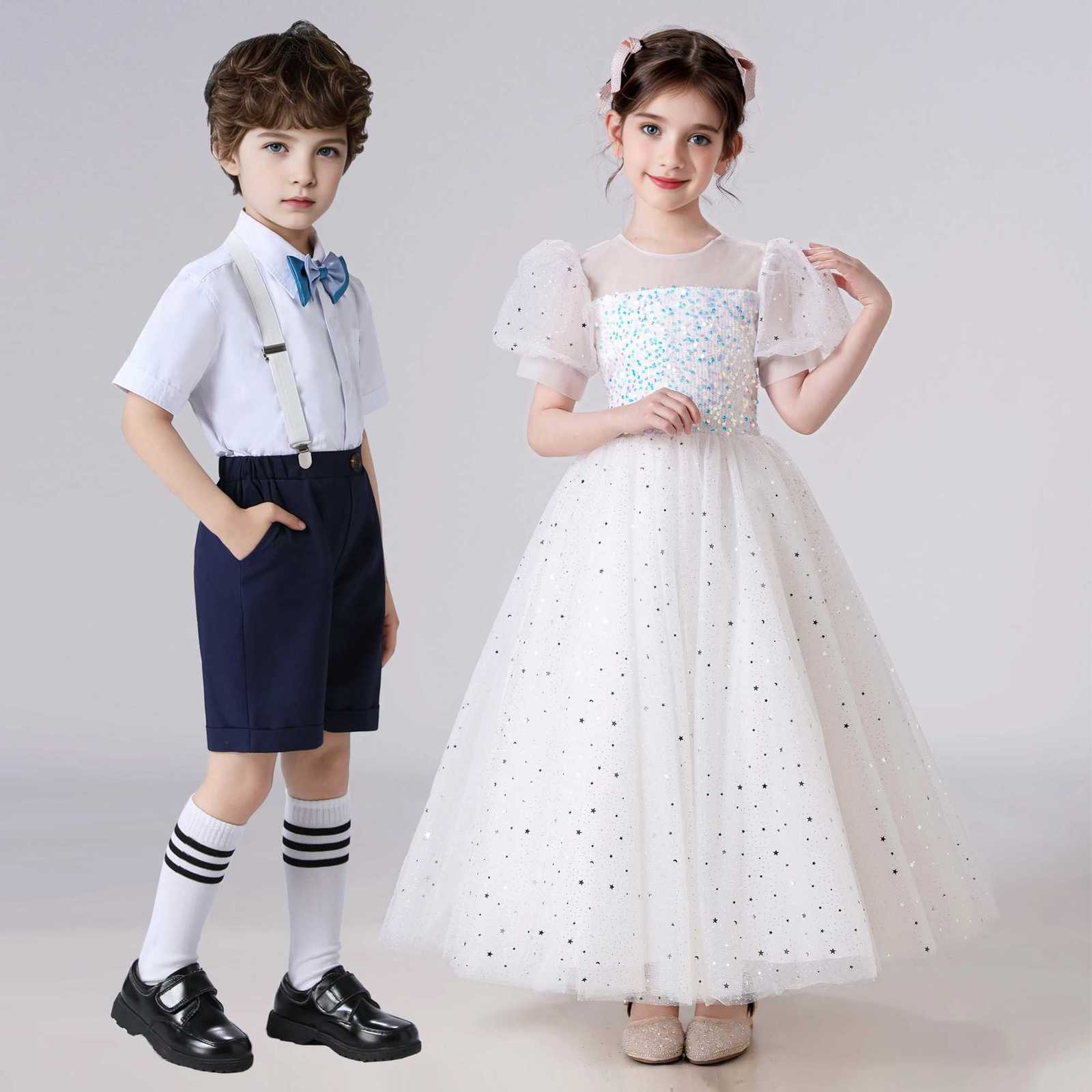 Kids Girl Princess White Long Dress Baby Girl Wedding Ceremony Party Gown Children Boy 2pcs Shirt+Pant Suit For Performance Z250904