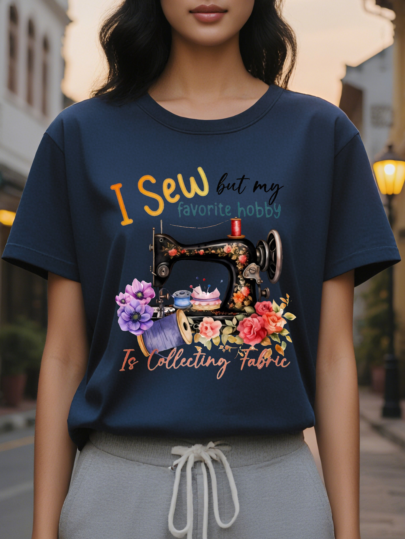 Women's Sewed But I Love Collecting Cloth Vintage Sewing and Floral T-Shirt Summer Spring Soft Stretch Round Neck
