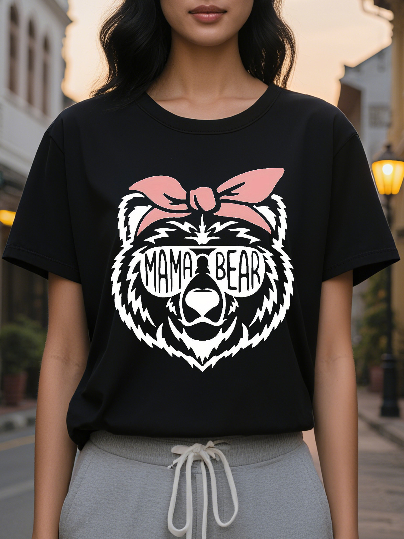 Women Mom Bear Pattern Vest Black Sleeveless Casual with Pink Bow White Letters Perfect for Mother s Day Spring