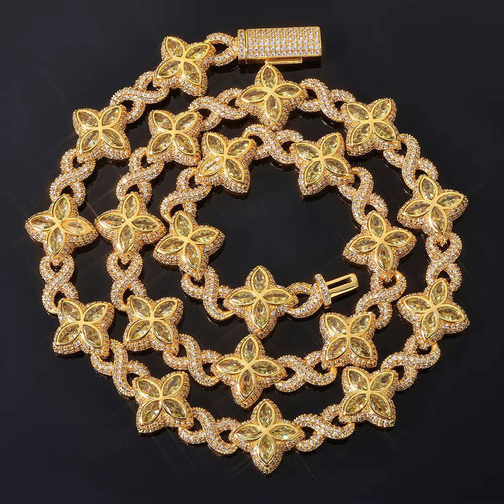 Hip Hop Jewelry 8mm Colorful Ice Diamond Flower Chain Unlimited Symbol Chain Four Leaf Clover Mens and Womens Necklace