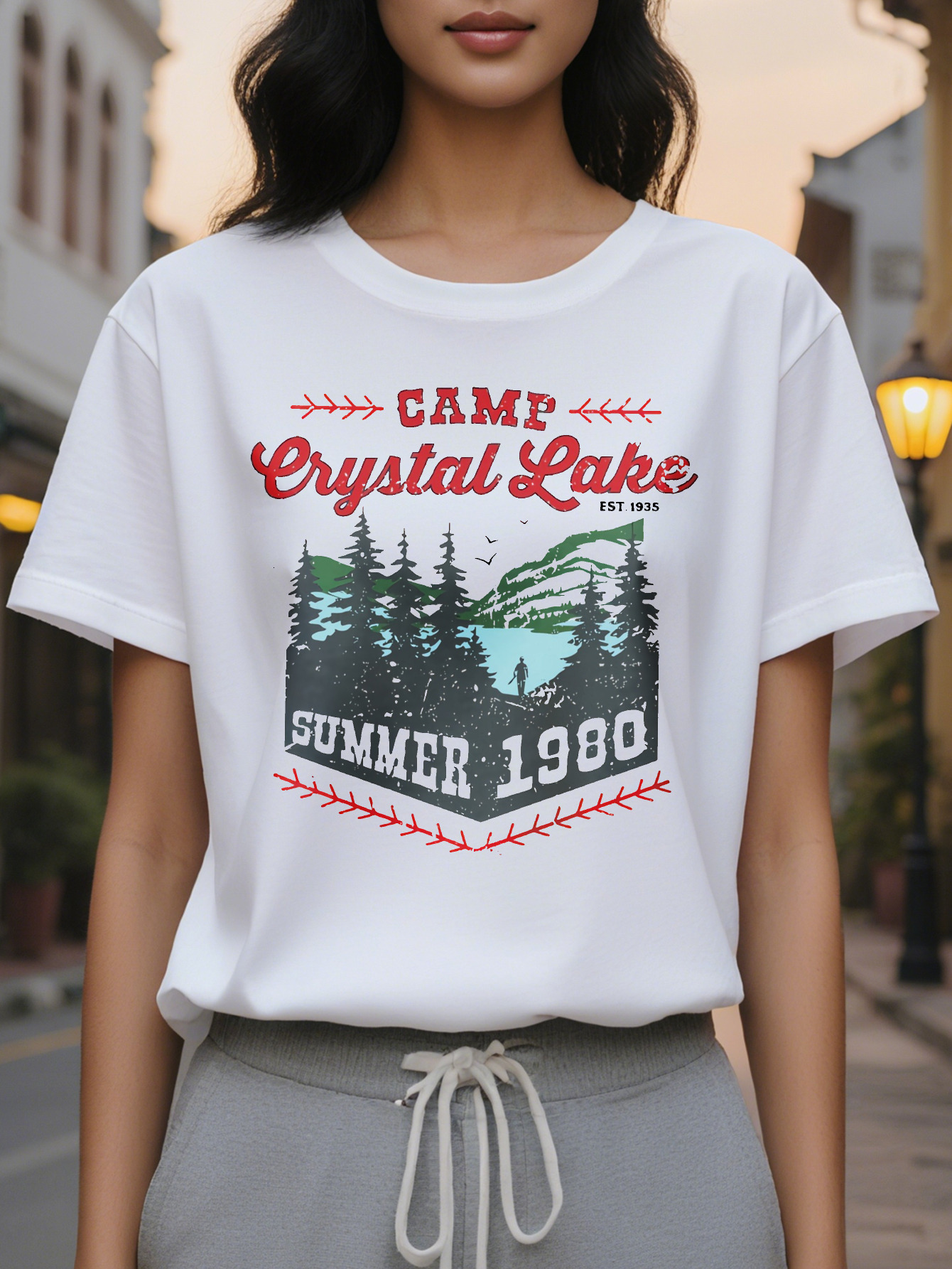 Large XL Vibrant Crystal Lake Camp Printed Round Neck T-Shirt Dress Women's Summer Combination Version Relaxed Fit Breathable Plus Size