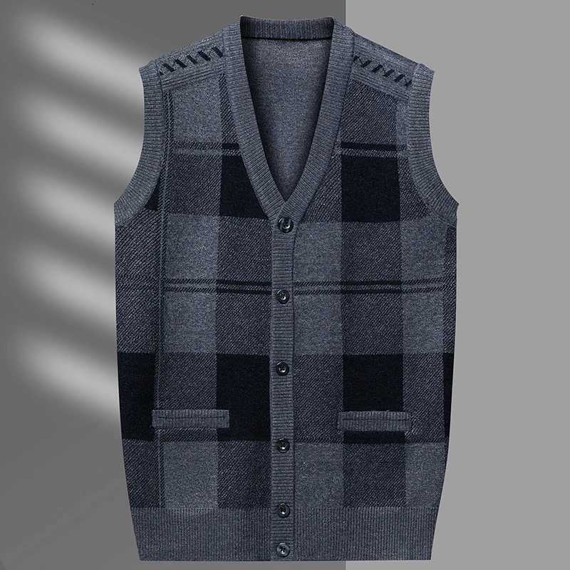 Mens Cardigan Vest Plaid Fashion Casual Knitted Sweater Warm Vneck Vest Sweater TopsXJ250904