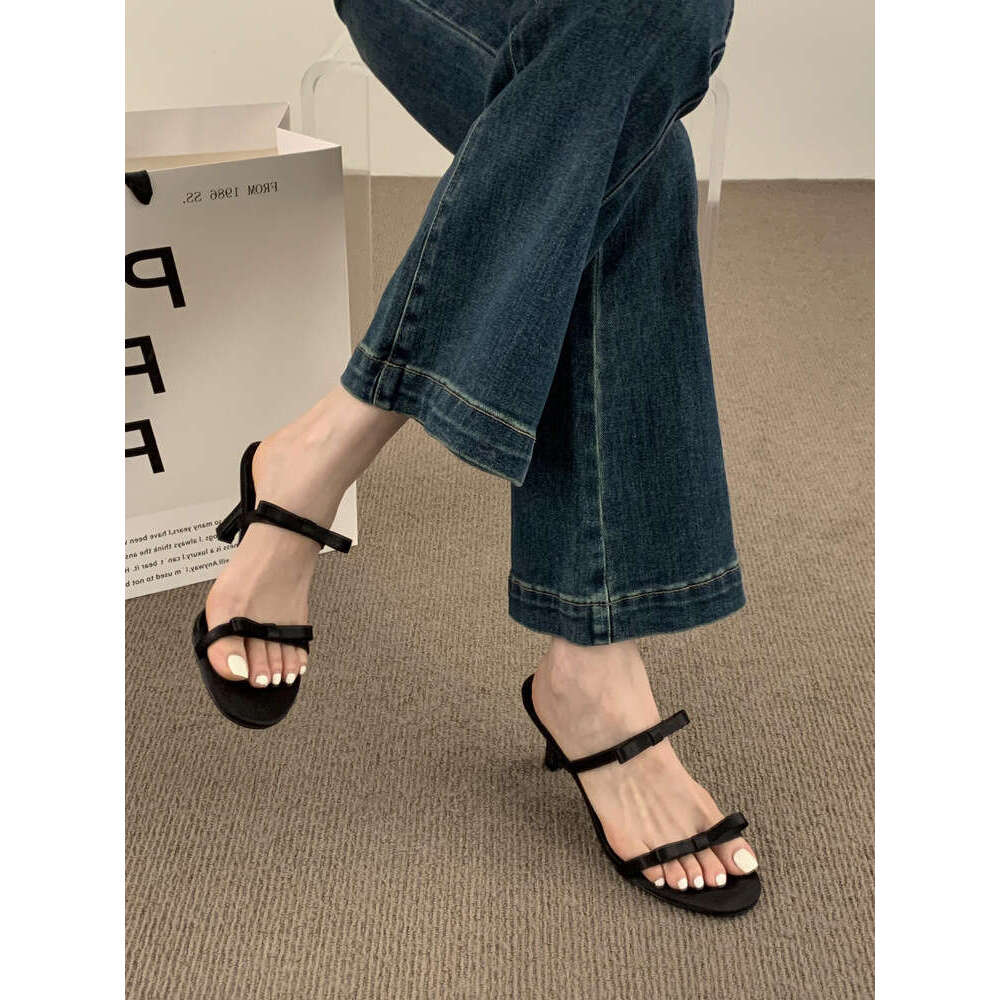 French Fairy Style Designer Shoe Bowknot Black High Heels Women's Stiletto Open Toe Strap Stunning Sandals