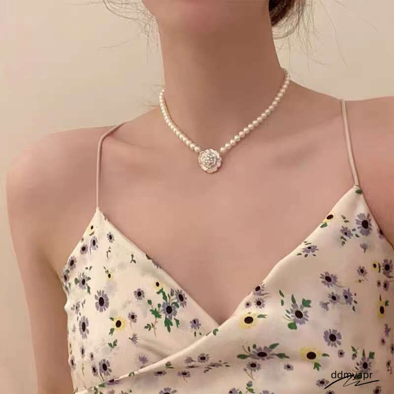 Ddmyday Nocturne Niche French Court Elegant Design Camellia Pearl Necklace Choker Ddmyday