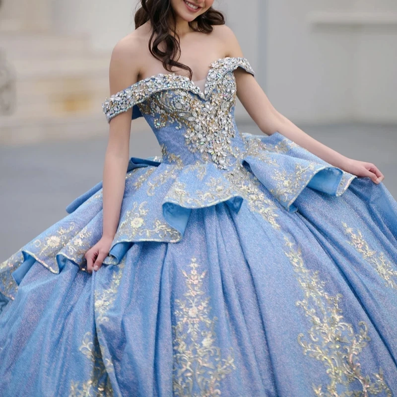 Sky Blue Shiny Quinceanera Dresses Ball Gown Off The Shoulder Applique Lace Beading Crystal Bow Tull Party Sweet 16 Dress Vestidos 15 De Anos