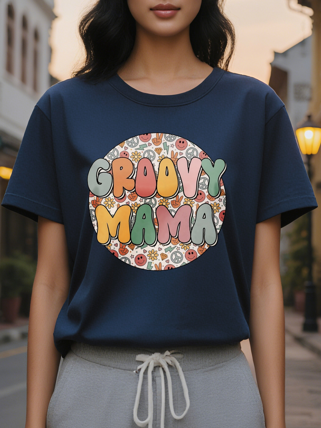 Groovy Mama Printed T-shirt Short Sleeve Round Neck Casual Top Spring Summer Women's Clothing