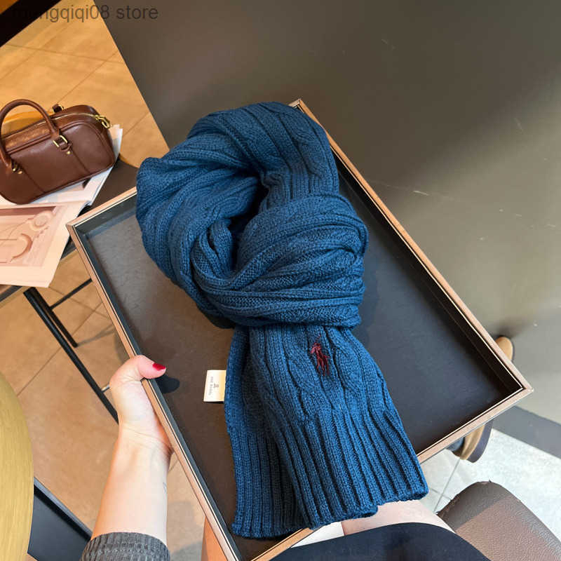 Pony Embroidery Autumn Winter Wool Blend Knitted Solid Color Scarf Unisex Winter Warm Neck Warmer Shawl L250904