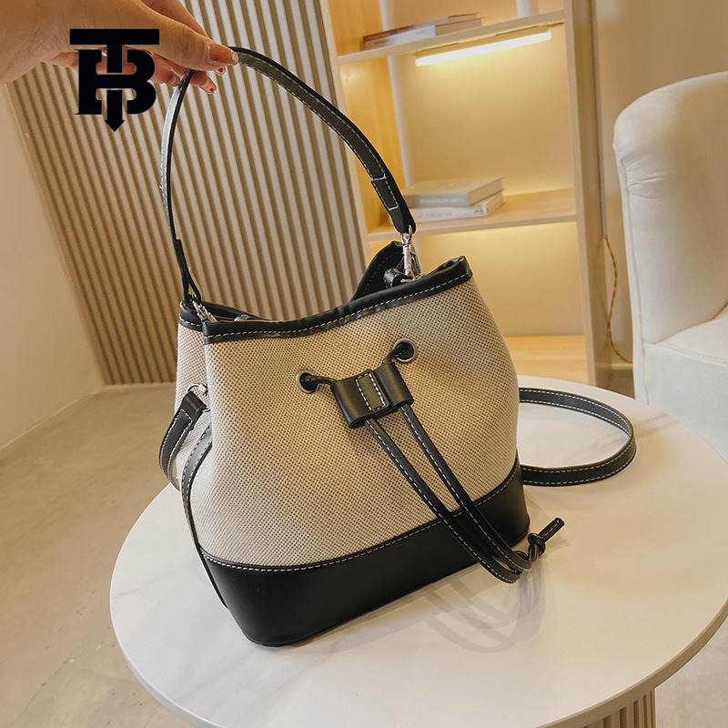 TB BHULAMTE Women's Bag Foreign Trade New Canvas Color-Block Handbag Bucket Bag Street Fashion Textured Drawstring Single Shoulder Designer s bag
