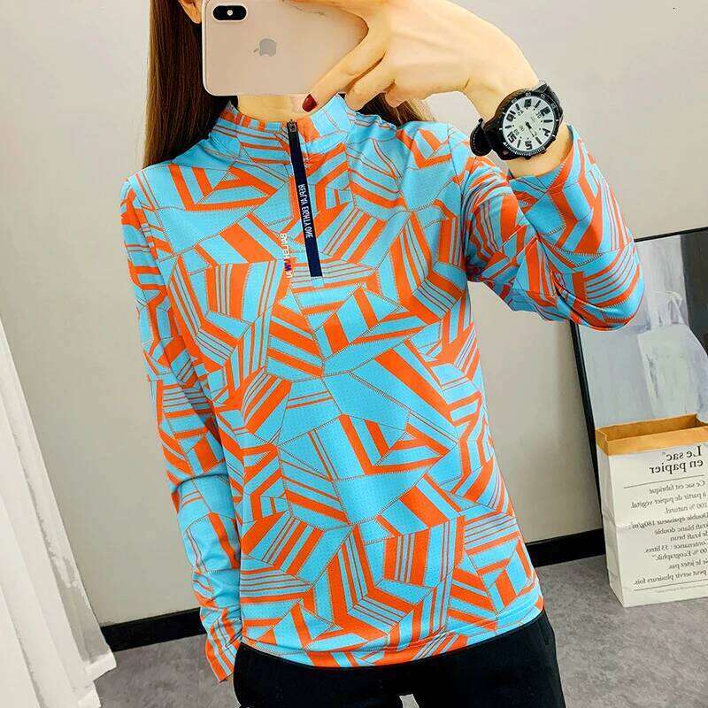 Women's Breathable Outdoor Sports Quick Dry Print Shirt Ladies Running Hiking Long Sleeve UV Clothing Camping Stand Collar Top