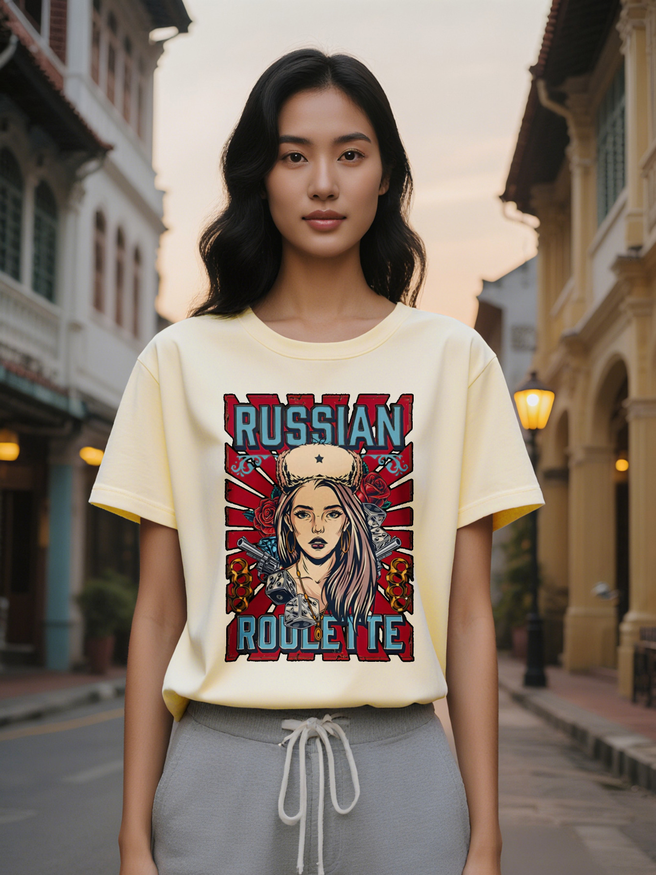 Large XL Women's Casual Graphic T-Shirt Black Russian Roulette Design with Female Portrait Red Accents Round Neck Summer Tee Plus Size