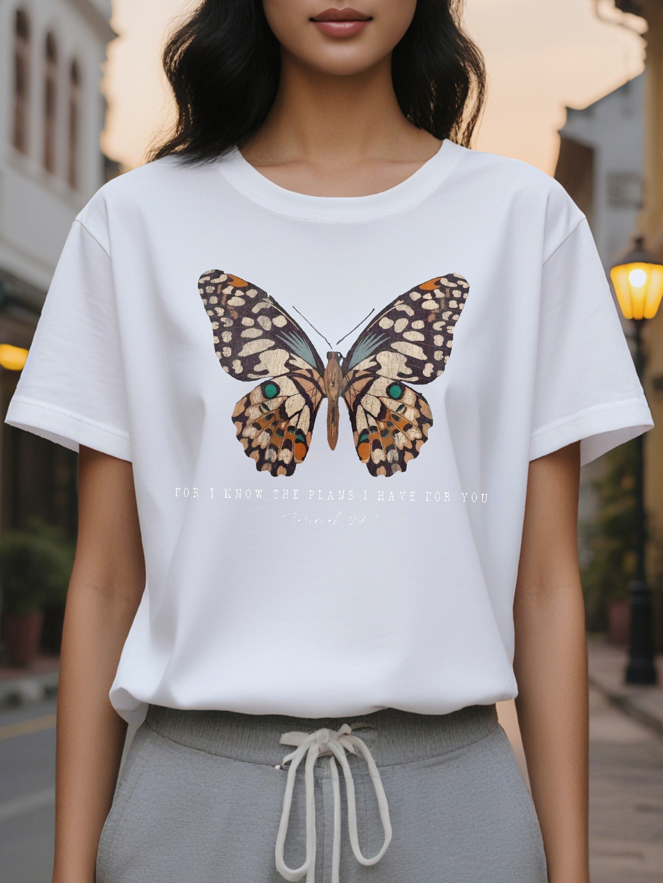 Vibrant Women's Casual Crew Neck T-Shirt Inspirational Butterfly Graphic Uplifting Scripture Verse Soft