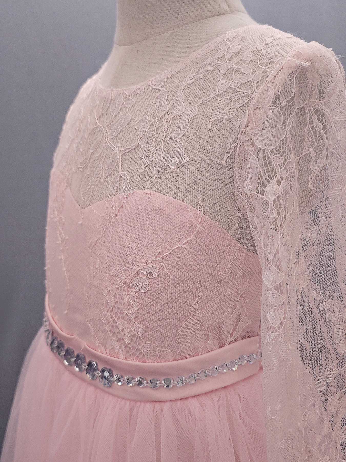 Pink European and American best-selling childrens bridesmaid dress with lace long sleeves and large skirt flower girl princess dress Z250904