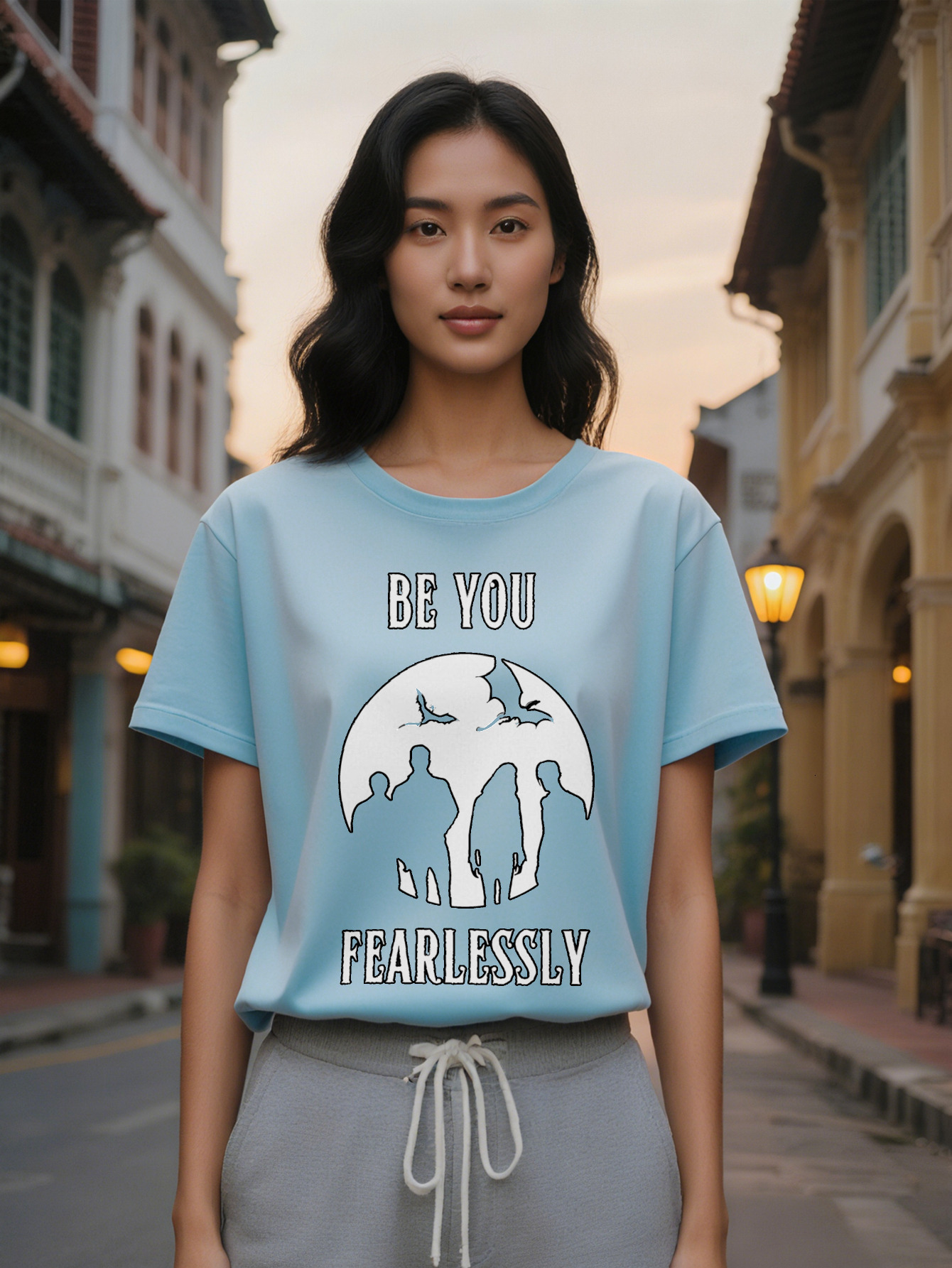 Large XL Lady Casual Graphic T-Shirt Be Fearless Print Bats Silhouettes Black with White Text Round Neck Breathable Summer Plus Size