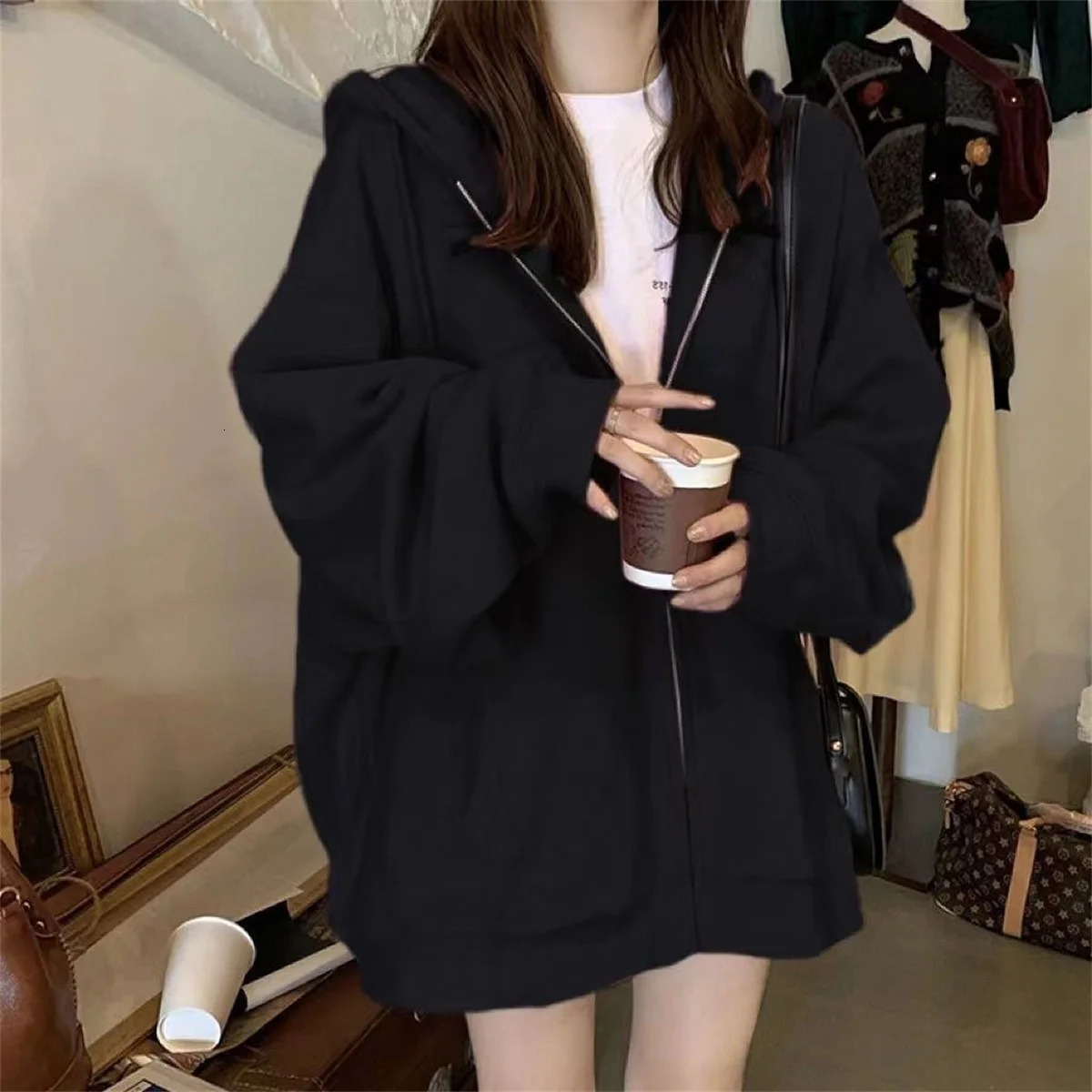 Women Loose Hooded Sweatshirt Jacket Spring Fall Solid Zipper Long Sleeve Coat Oversize Vintage Korean Hoodies Casual Wear 250904