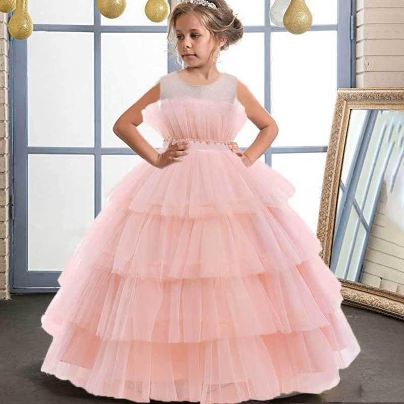 3-12 Years Elegant Wedding Party Girl Dresses Children Beading Bow Bridesmaid White Lace Princess Dress for Kids Birthday Prom Gown Z250904