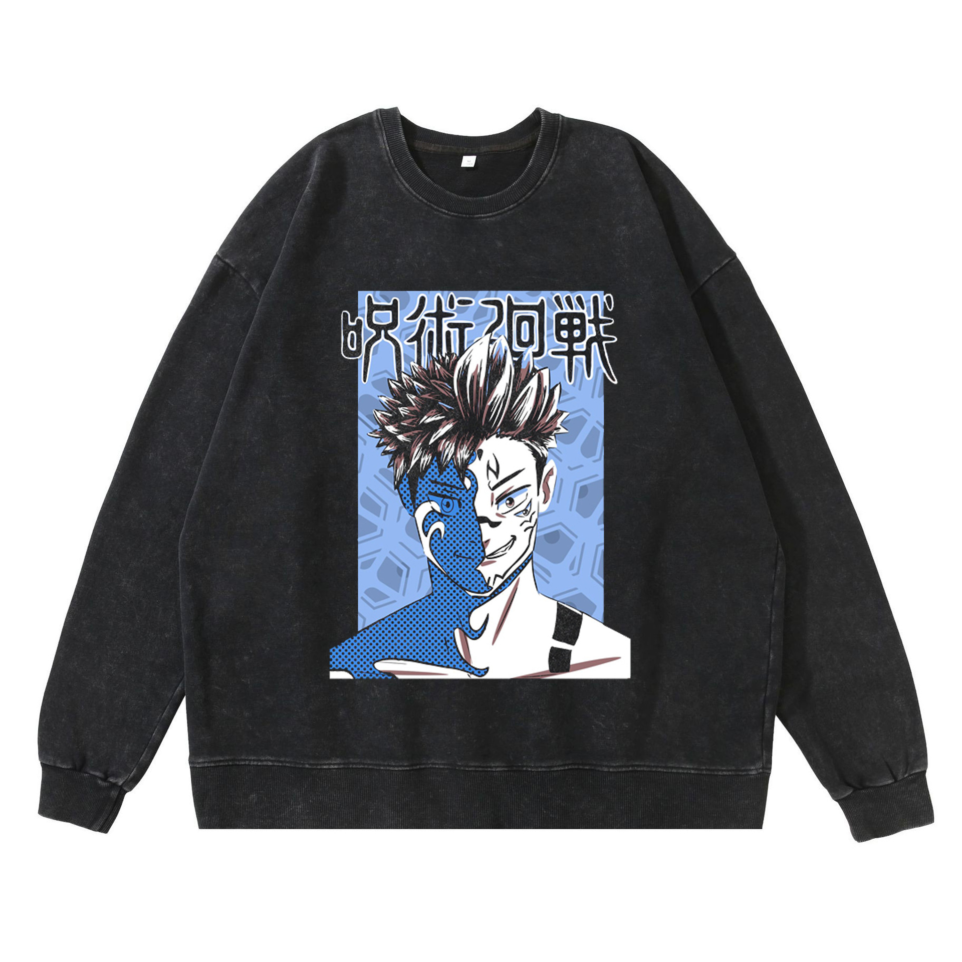 New Washed Vintage Dark-Themed Jujutsu Kaisen Anime Print Street Retro Hoodie Streetwear Crewneck Hoodie - TT8072