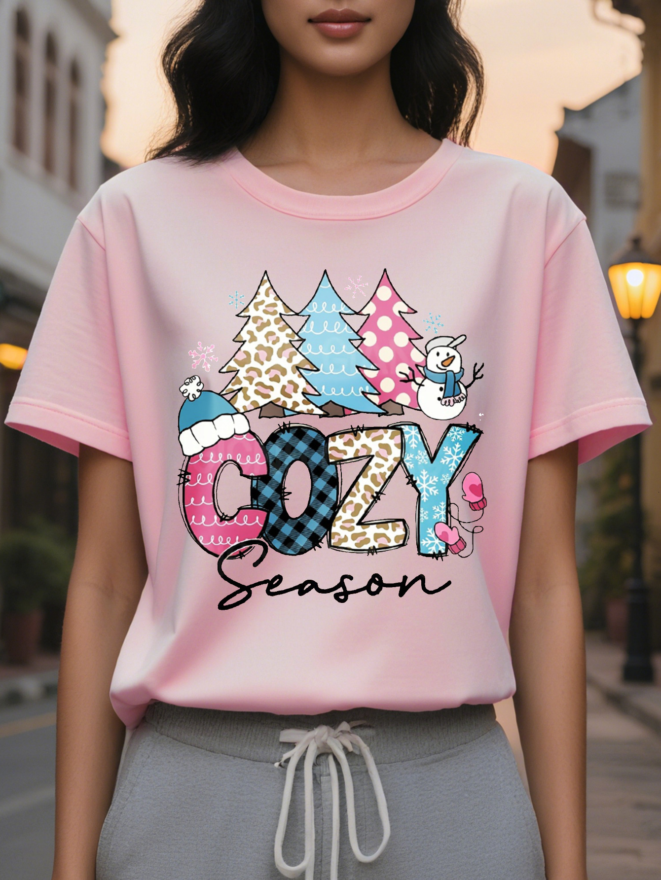 Large XL Women's Christmas Graphic Print Sweatshirt Cozy Season Design with Snowman Leopard Plaid Patterns Beige Casual Plus Size