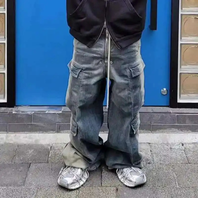 PFNW High Street Washed Vintage Gradient Multi Pocket Jeans Mens Streetwear Drawstring Wide Leg Pants Spring Trendy 28W4702 250823Z