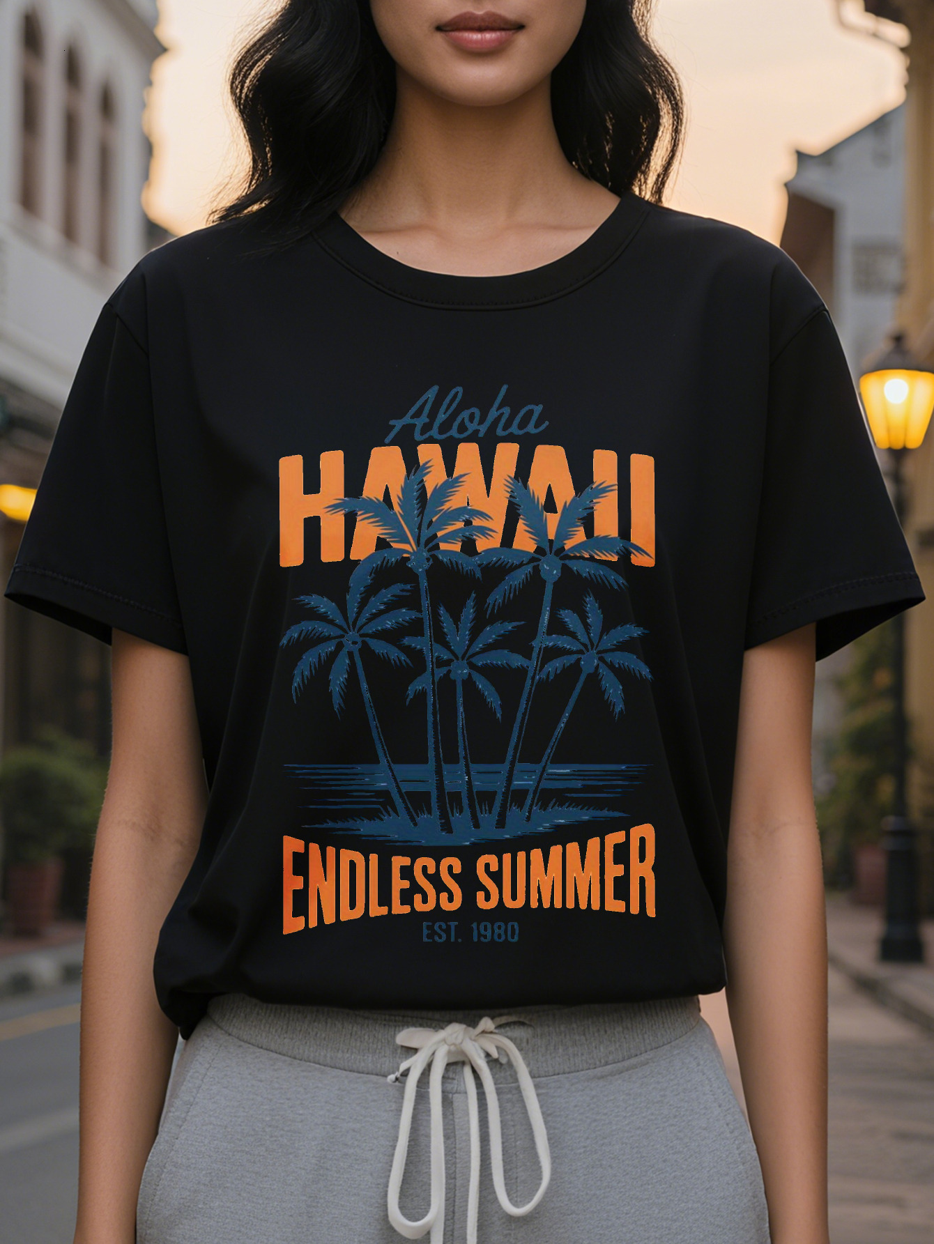Women's White T-Shirt Retro Print Aloha Letters Design Round Neck Soft Top for Beach Vacations Hawaiian