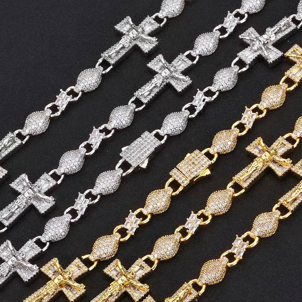 NUOYA Luxury Lab Created Diamond Cross Infinity Bracelet Gold Silver Plated Cuban Link Hip Hop Jewelry Iced Out Baguette Zircon