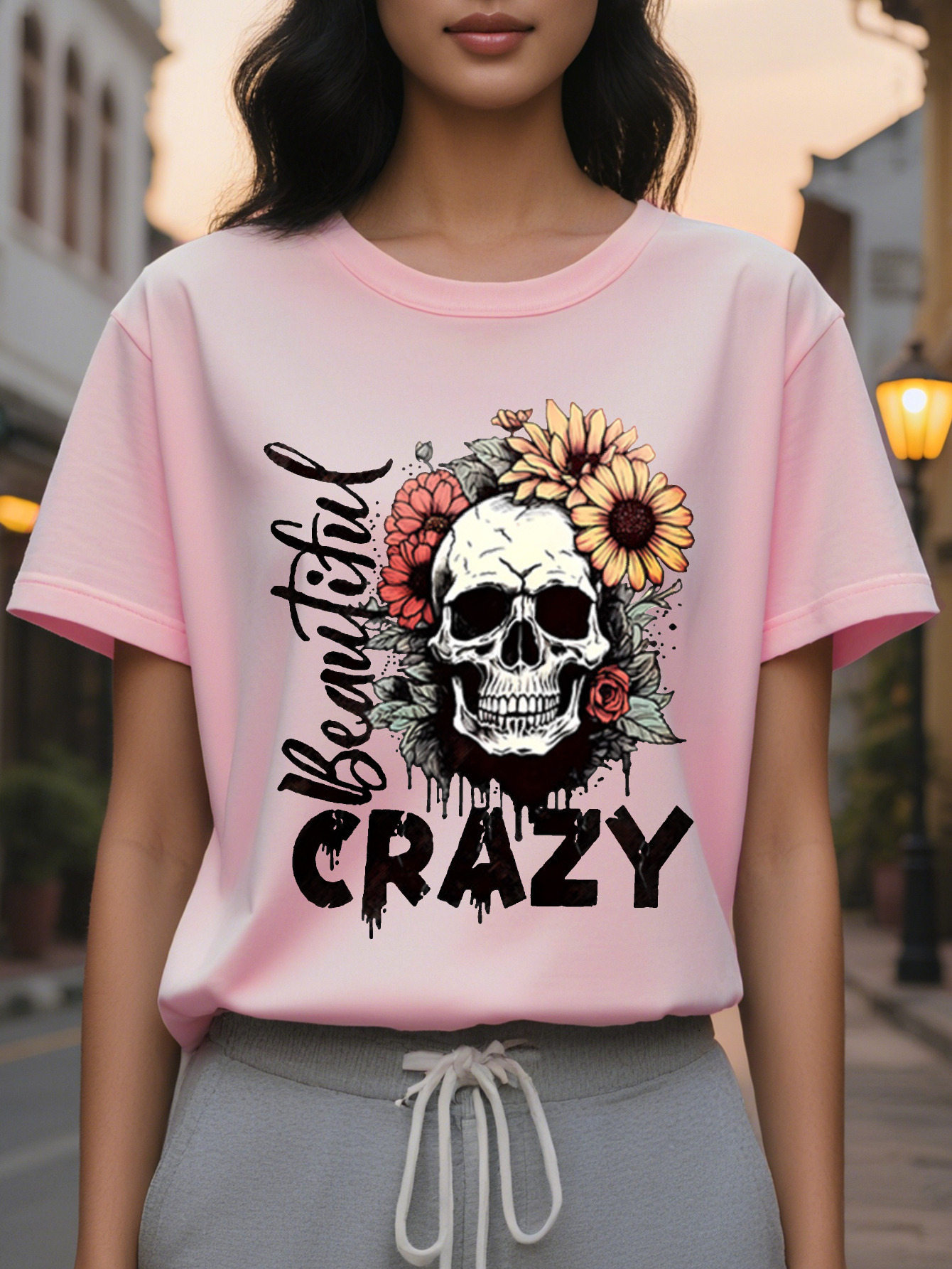Ladies Casual Crew Neck T-Shirt Printed with Bloody Madness Print Cotton Knitted Fabric Regular Length Spring